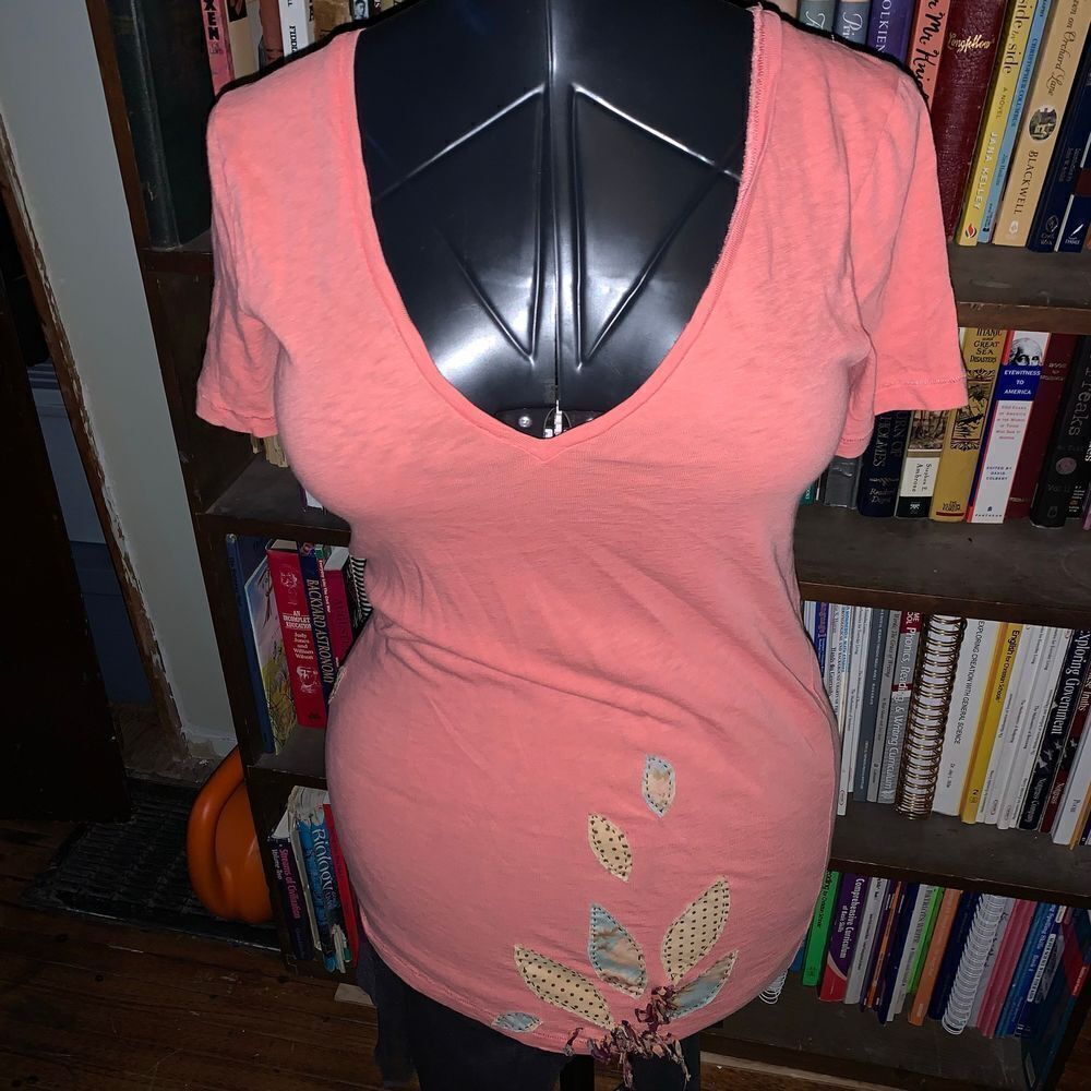 J Crew coral S Artist tee with multicolored appliqué flowers